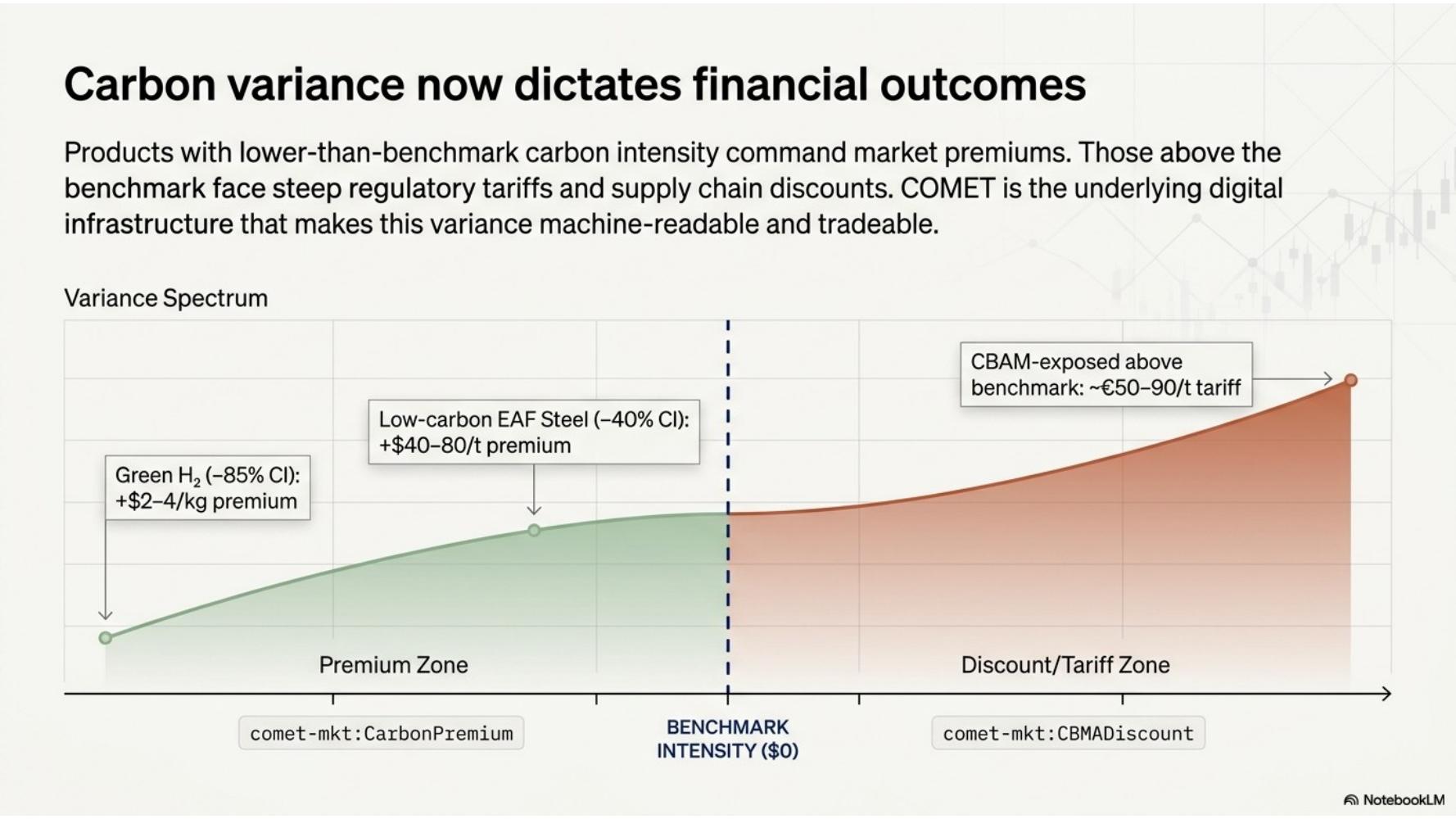 Variance spectrum chart showing carbon premium and discount zones.