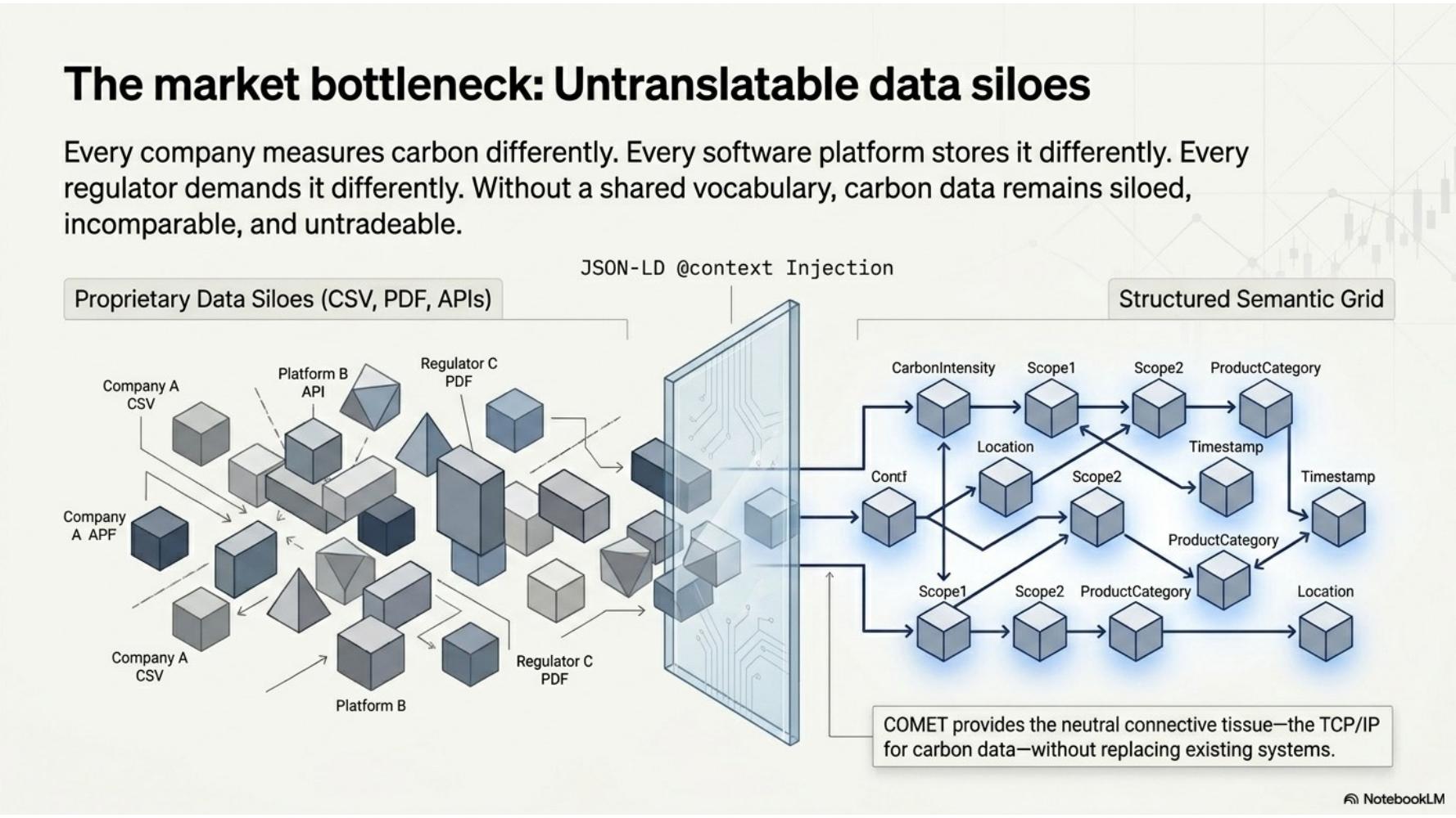 Diagram of proprietary data siloes converging through JSON-LD context injection into a structured semantic grid.