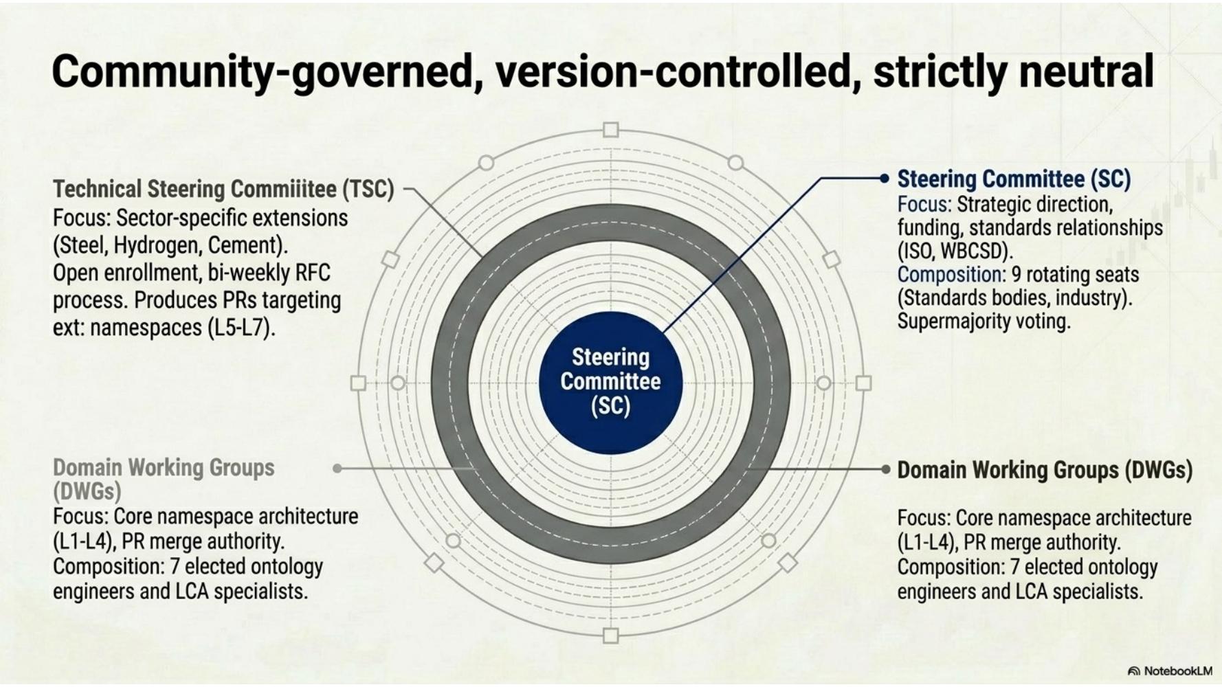 Concentric governance diagram with Steering Committee at center, surrounded by Technical Steering Committee and Domain Working Groups.